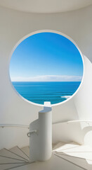 Fototapeta premium White Spiral Staircase with Ocean View From Circular Window