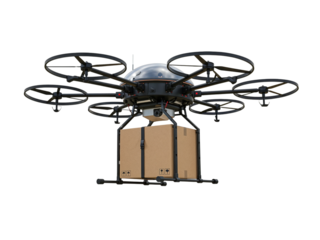 Modern octocopter drone carrying a large cardboard package for fast delivery service isolated on transparent background