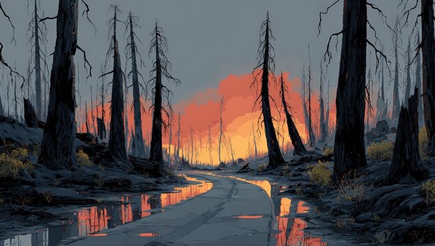 A pixelated landscape of a burnt forest.  Road through
