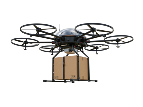 Modern octocopter drone carrying a large cardboard package for fast delivery service isolated on transparent background - Powered by Adobe