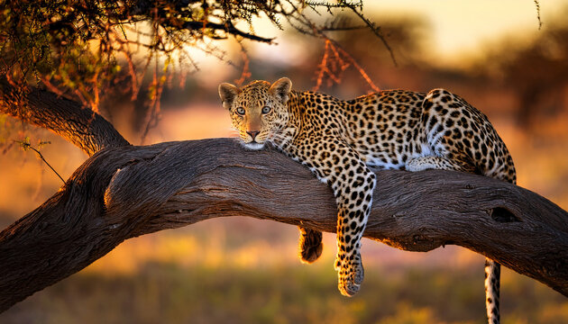leopardess panthera pardus rests languidly on a dark tree branch in golden light green season central kalahari botswana