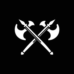 White silhouette vector  of crossed battle axes on black perfect for fantasy designs, games, or medieval icons.
