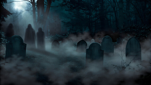 Mysterious graveyard shrouded in fog with shadowy figures at night  