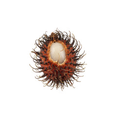 Exotic tropical rambutan fruit with juicy white flesh revealed, a vibrant taste of summer