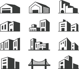 Modern buildings, warehouses, commercial structures, office icons, architecture vector set, urban design, real estate development, property, infrastructure illustrations