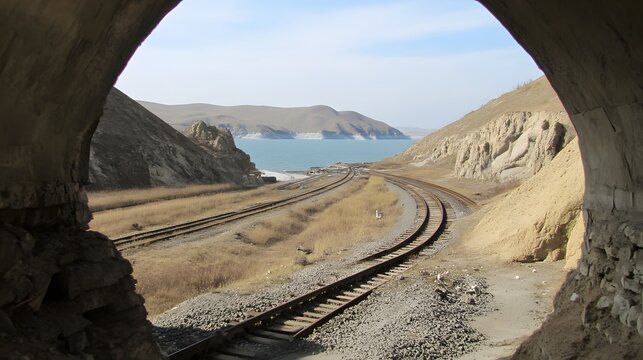 Scenic Railroad Tracks Winding Through Mountain Tunnel to Lake