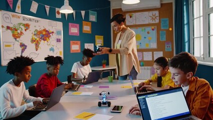 Children engage in robotics workshop in a creative classroom setting