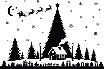 Fototapeta premium Magical christmas silhouette scene with santa claus sleigh and winter village