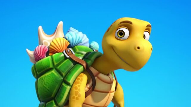 Animated turtle carrying seashells