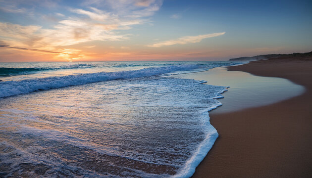 serene beach landscape calm ocean waves and sandy shore at dawn or dusk