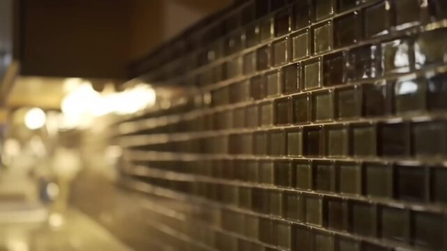 Closeup dark brown kitchen backsplash tiles