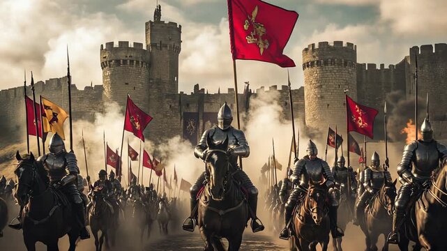 Medieval knight on horseback leading troops walking by ancient stone castle
