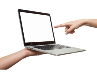 Human hands presenting a modern open laptop with a blank white screen isolated on transparent background