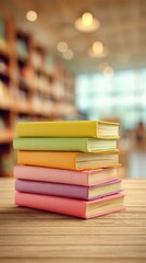 Stacked Colorful Books on a Wooden Table in a Cozy Library Setting With Blurred Background