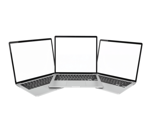 Three modern silver laptops arranged in a curved row for a panoramic display isolated on transparent background