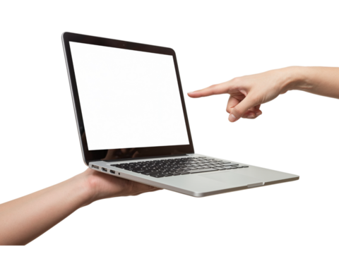 Human hands presenting a modern open laptop with a blank white screen isolated on transparent background
