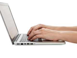 Close up of a person s hands typing on a modern silver laptop keyboard isolated on transparent background