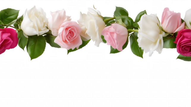 Linear border of roses in full bloom with green leaves on transparent background