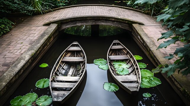 Serene Garden Pond with Two Wooden Boats and Bridge - Powered by Adobe