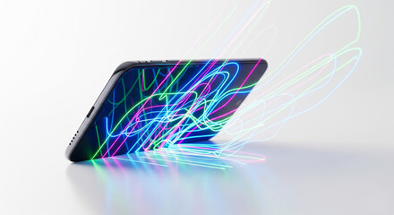 Futuristic smartphone floating with holographic projections, neon glowing details, and digital energy effects on clean white background for modern technology concept