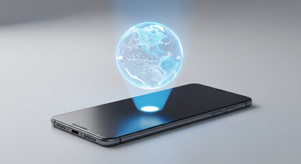 Futuristic smartphone floating with holographic projections, neon glowing details, and digital energy effects on clean white background for modern technology concept