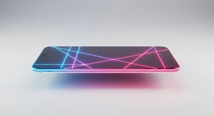 Futuristic smartphone floating with holographic projections, neon glowing details, and digital energy effects on clean white background for modern technology concept