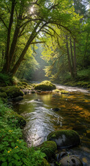 Obraz premium Flowing River Through Green Forest with Mossy Rocks and Sunlight