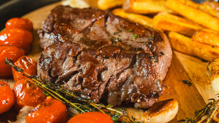 Perfectly cooked medium rare ribeye steak, juicy, on a wooden board with homemade cut fries, fresh thyme, and roasted garlic. Top view food photography for menus and recipes.