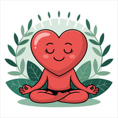 cheerful cartoon heart character in lotus pose vector art isolated on white background
