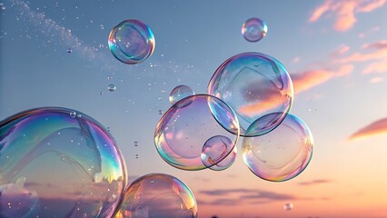 Naklejka premium Iridescent bubbles in a vibrant sky, perfect for social media backgrounds, print designs, packaging, and fantasythemed visual projects.