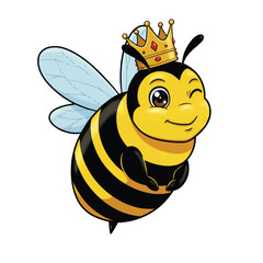 A cute cartoon queen bee winking and wearing a golden crown.