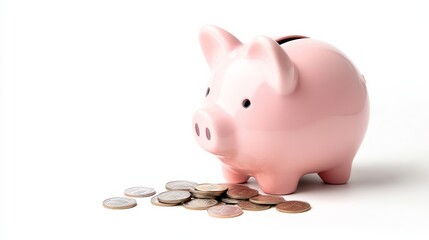 Saving money piggy bank and coins home setting still life minimalist environment close-up financial awareness