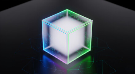 Glowing futuristic cube floating on white background with holographic neon light, digital reflections, and minimal abstract design for modern technology visuals