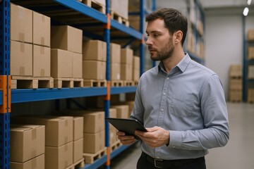 Warehouse Manager Inspecting Inventory Levels on Shelves Using Tablet for Efficient Logistics Management