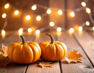 Two pumpkins sit on a rustic wooden surface with fall leaves and twinkling lights in the background