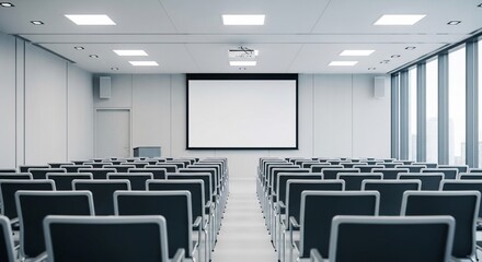 Empty conference room with presentation screen and chairs for business meeting or training