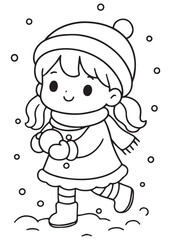coloring book little girl play ice ball in winter snow