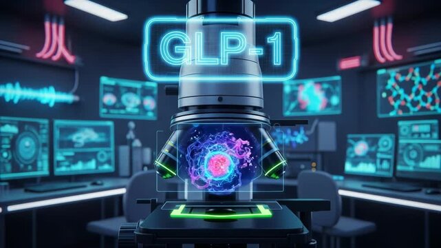 GLP-1 High-tech microscope showcases intricate molecular structure in a modern laboratory, emphasizing scientific exploration and discovery