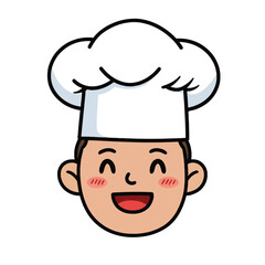 Joyful cartoon chef character with a big smile and a white toque hat.