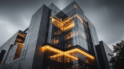 Naklejka premium Modern Glass Building Exterior at Dusk with Warm Interior Lighting Illuminating the Structure