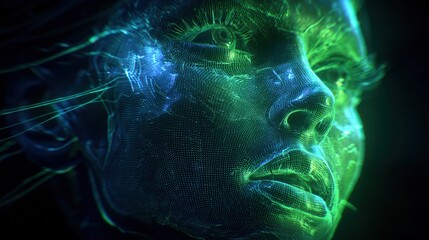 Abstract Digital Portrait of a Woman with Glowing Green and Blue Lights, Representing Future Technology