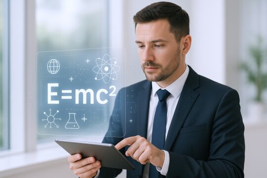 Focused Businessman Analyzing Scientific Data on Tablet with Holographic Interface Displaying E=mc2 Equation