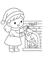 coloring book girl hanging stocking on the fireplace