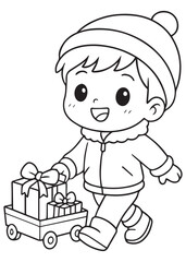 coloring book boy pulling a wagon full of presents