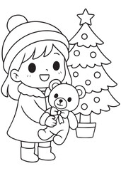 coloring book girl holding teddy bear by Christmas tree