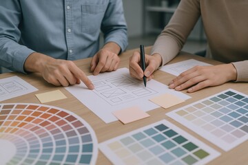 Collaborative UI UX Design Process: Team Reviewing Wireframe and Color Palette for Website Development