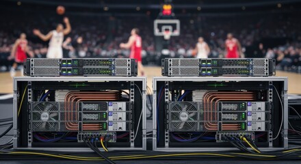 Slowmotion replay server bays stacked courtside showcasing efficient airflow and cooling systems in an intense sports broadcasting setup.