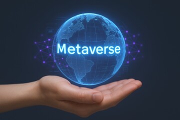 Fototapeta premium Metaverse Conceptual Illustration: Hand Holding Digital Globe Representing Virtual World Technology and Connectivity
