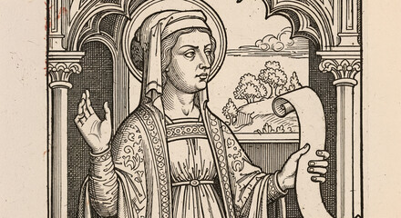 Ancient sibyl oracle woman depicted in medieval manuscript style holding mystical vessel while prophesying future events within ornate architectural frame. Future prophecy