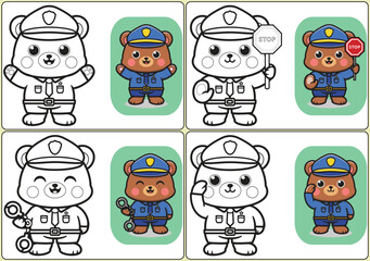 A delightful set of cartoon police Bear characters designed for children's activities and learning. Bear cartoon Vector illustration. Perfect for coloring books and educational materials. 